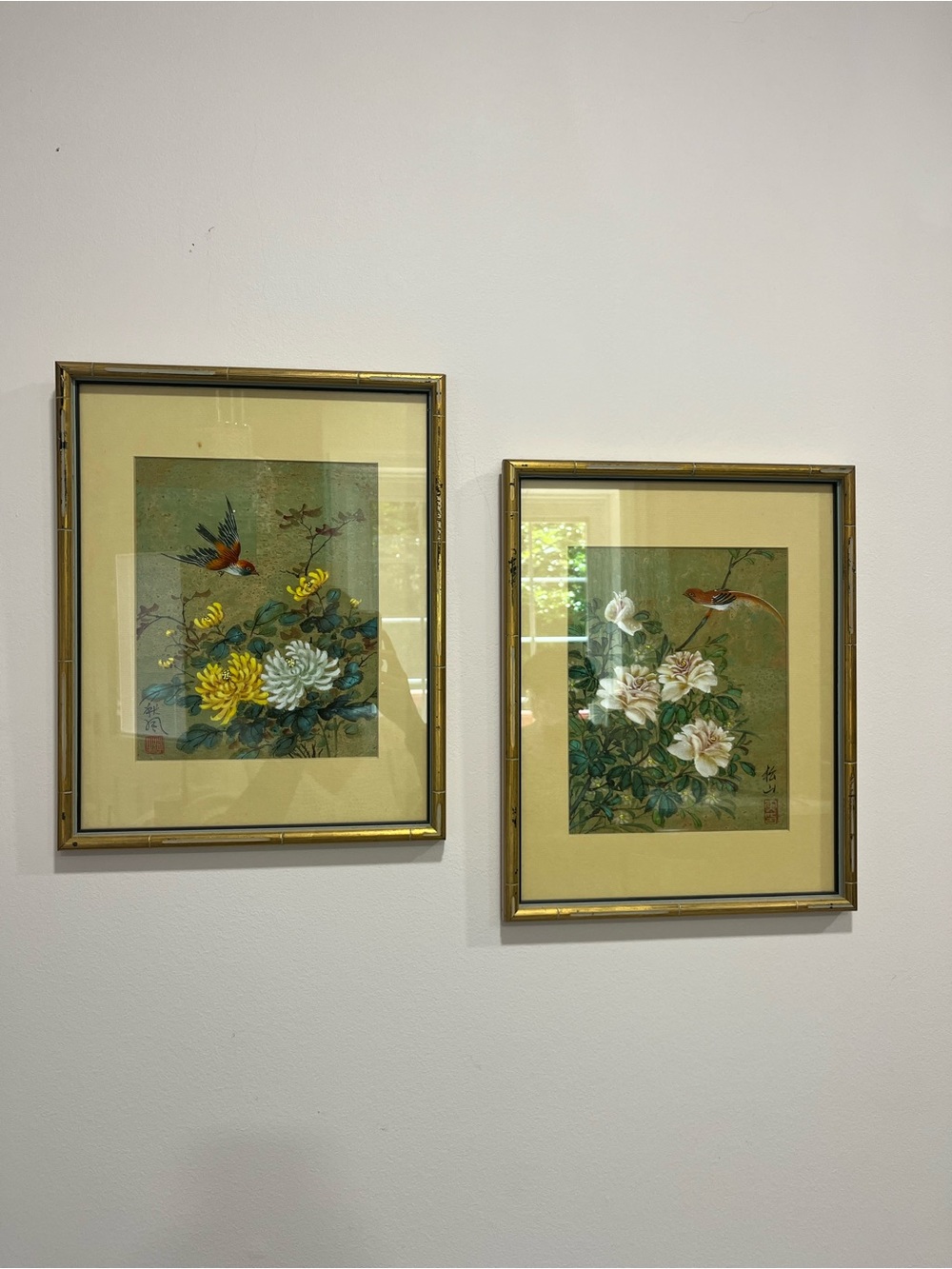 Set of 2 Framed Botanical & Bird Prints - Green, Yellow, White